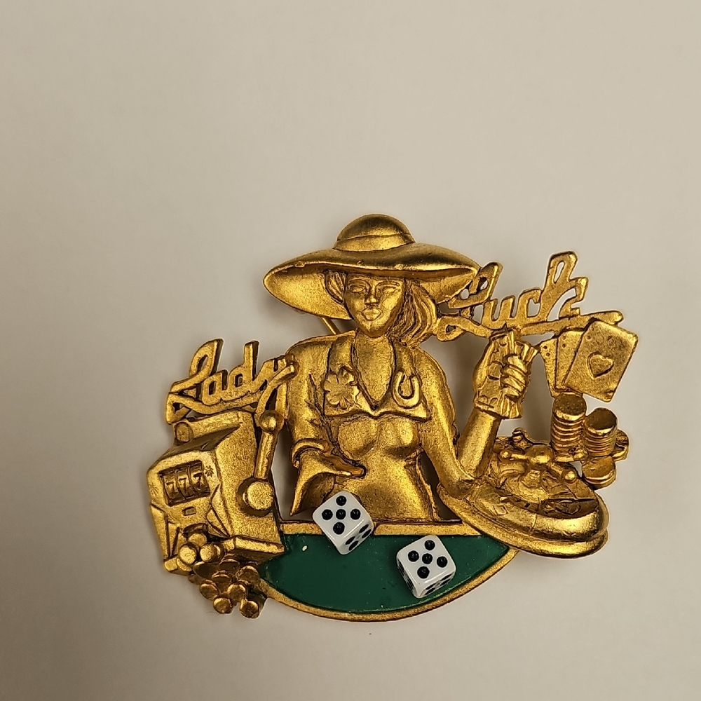 Gold Lady Luck Brooch with Dice and Cards